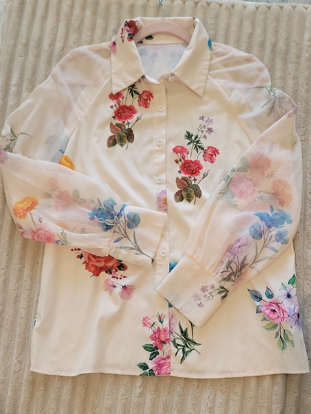 SHEIN Cream Floral Sheer-Sleeve Button Down Blouse